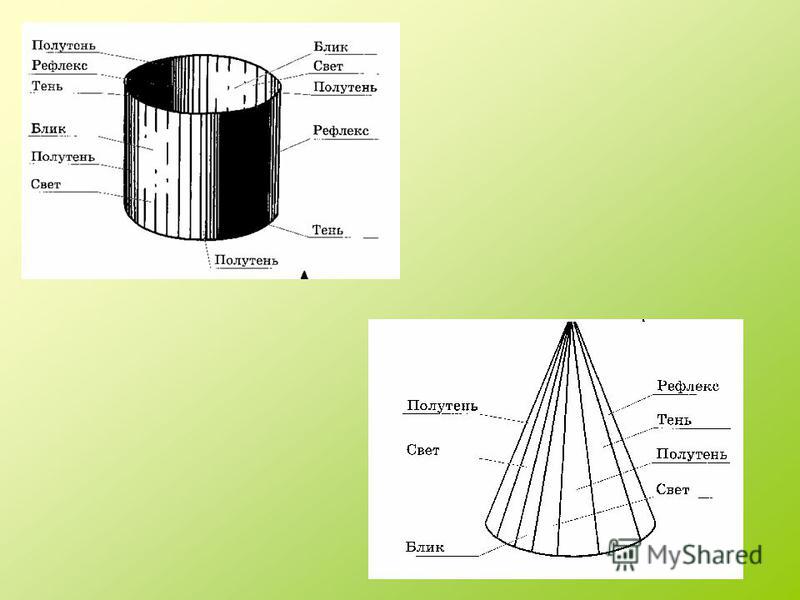 Тень содержание. Свет тень полутень конус. Распределение светотени на конусе. Тень полутень рефлекс. Элементы светотени на цилиндре.