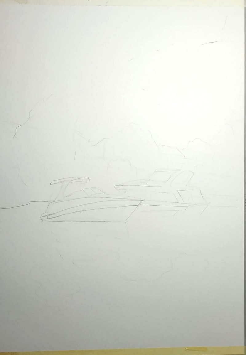 Делаем набросок карандашом. Оставляем только важные детали: две лодки и немного деревьев