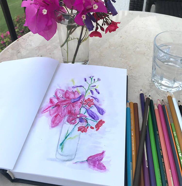 Watercolor pencil flower vase drawing