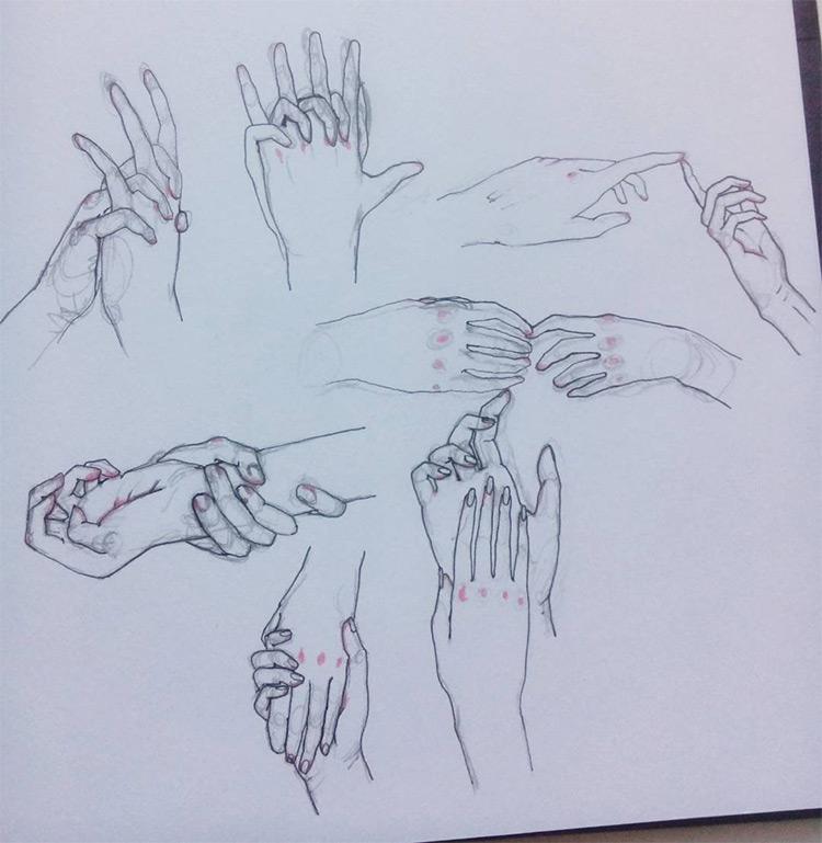Grouped hands with knuckle drawings