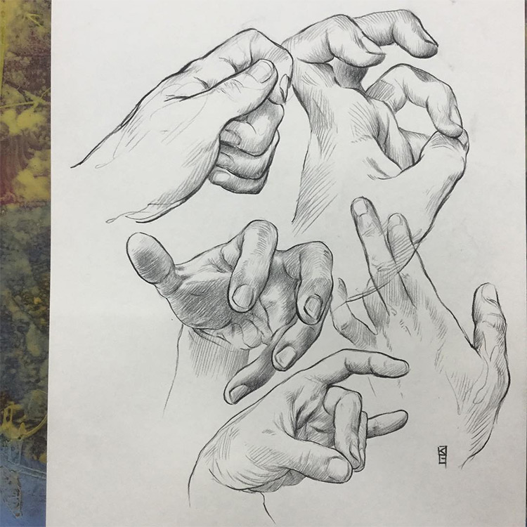 Realist hand drawings with cross hatching