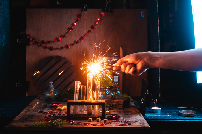 A magical Christmas still life photography setup with sparklers