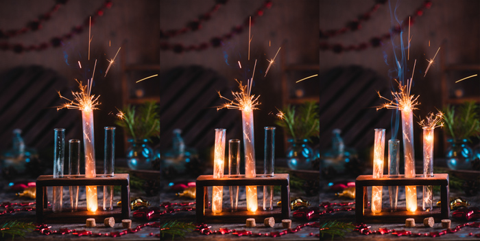 A magical Christmas still life photography triptych with sparklers