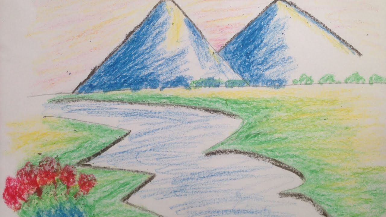 Рисунок красота гор окружающий мир. Летний пейзаж цветными карандашами. Пейзаж цветными карандашами для детей. Легкие пейзажи. Пейзаж легкий для детей.