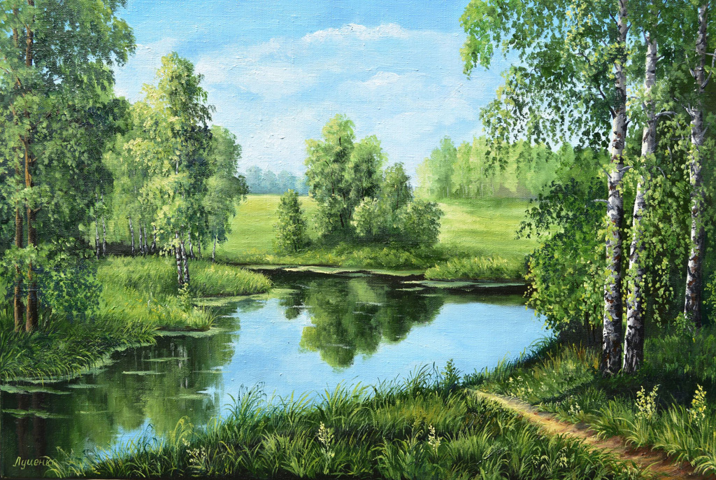 Рисунок леса реки. «Летний пейзаж с рекой» (1870 г.). Каменев.