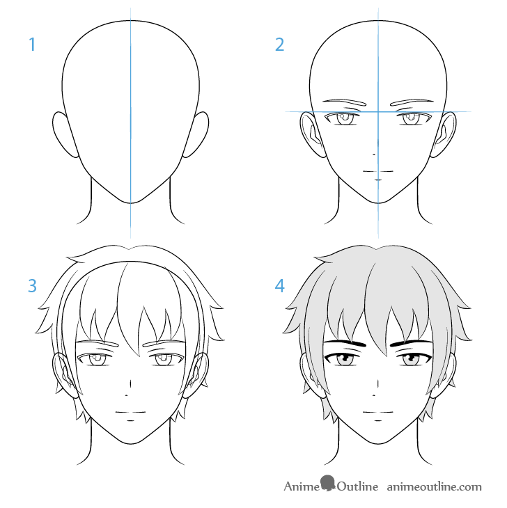 Male anime character face drawing step by step