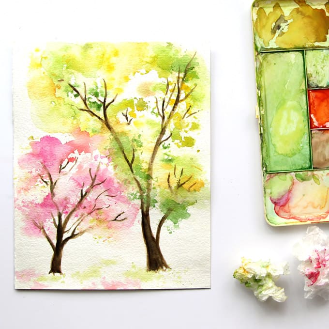 Easy and fun tutorial on how to paint a beautiful spring tree watercolor painting using crumbled paper! Follow the video tutorial. No art experience needed! A Piece of Rainbow Blog