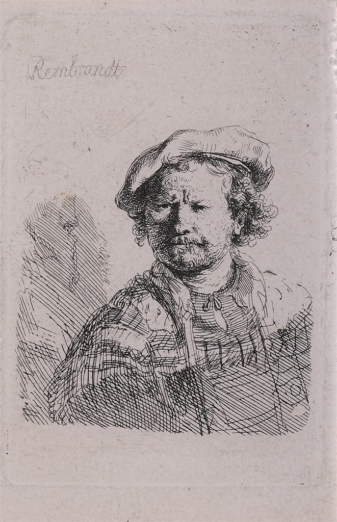 "Self Portrait in a Flat Cap and Embroidered Dress" (c. 1638), Rembrandt van Rijn. Etching on laid paper with small margins. 