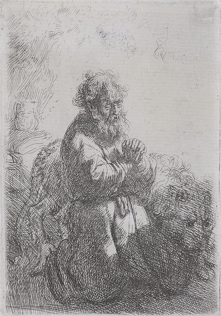 "St. Jerome Kneeling in Prayer, Looking Down" (1635), Rembrandt van Rijn. Etching on thin laid paper with narrow margins.